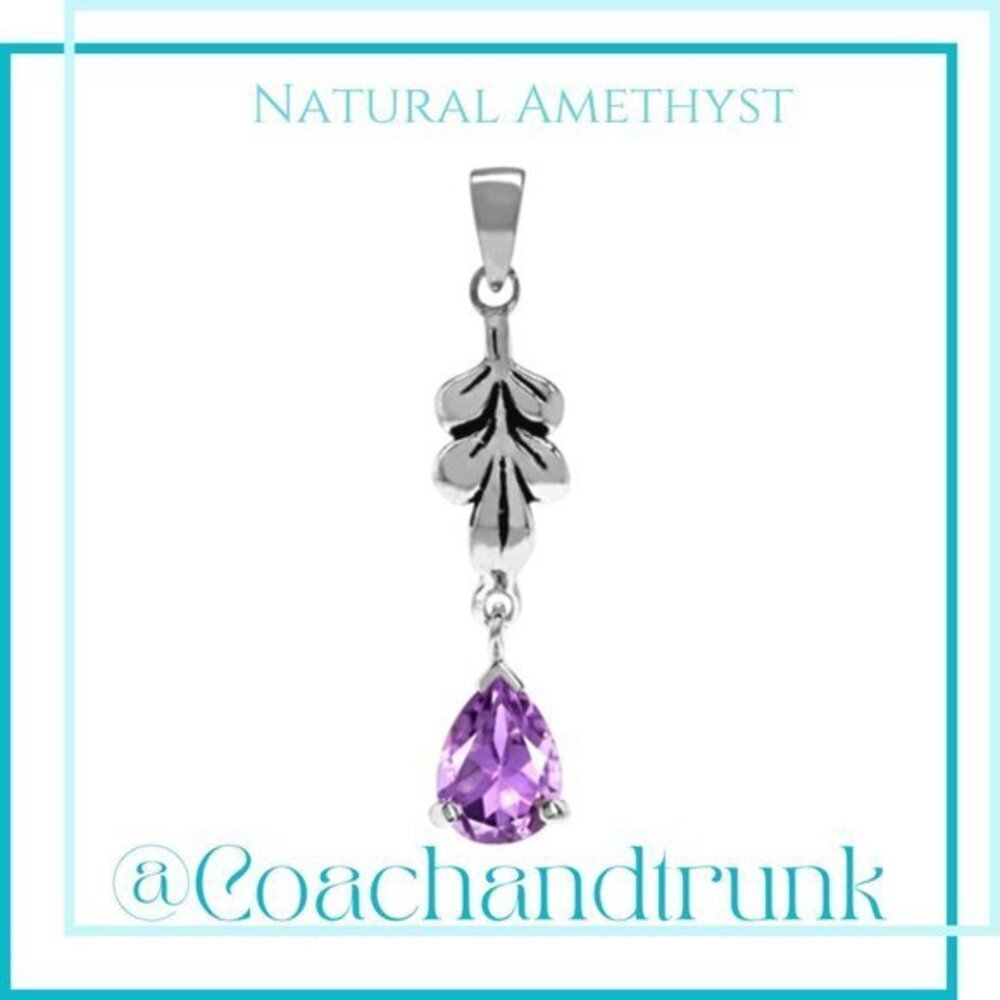 .67 Carat Natural Amethyst 925 Sterling Silver Drop Leaf Flourish‎ Pendant NWT